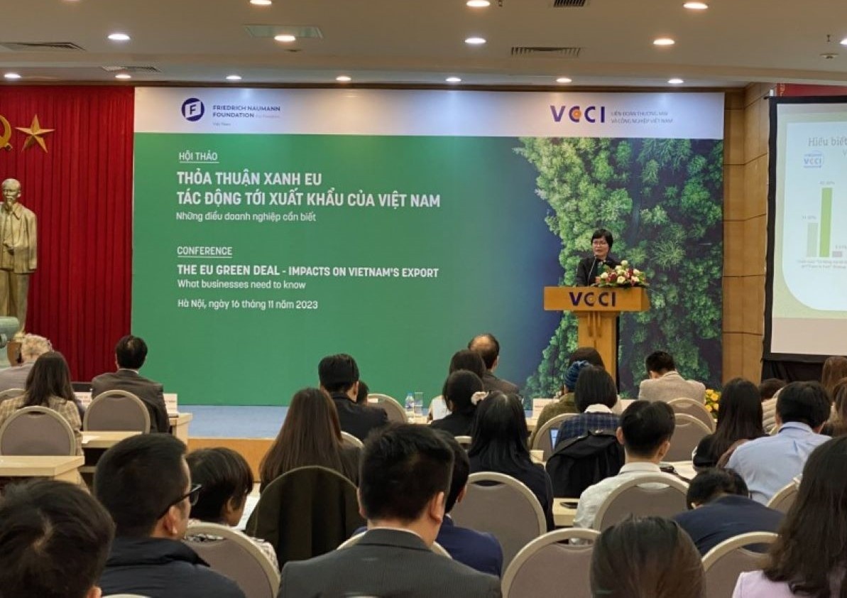 Quang cảnh Hội thảo “Thỏa thuận xanh EU – Tác động tới xuất khẩu Việt Nam, những điều doanh nghiệp cần biết”.